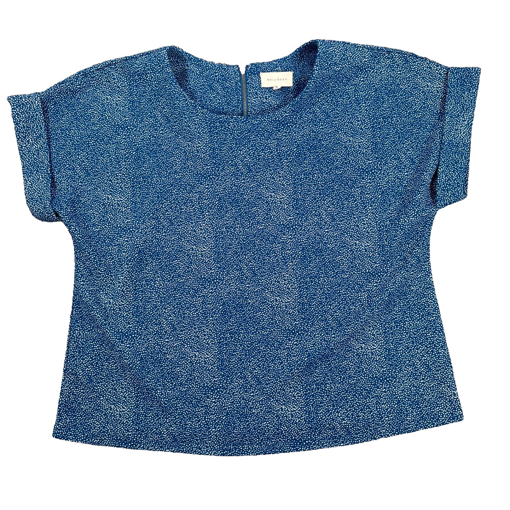 Melloday Blue Dotted Blouse Women's Medium Short Sleeve Round Neck